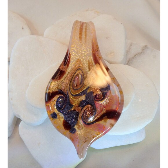 LRG Murano Hand Blown Glass Pendant Copper Gold Indigo Brown Champagne - Picture 7 of 7